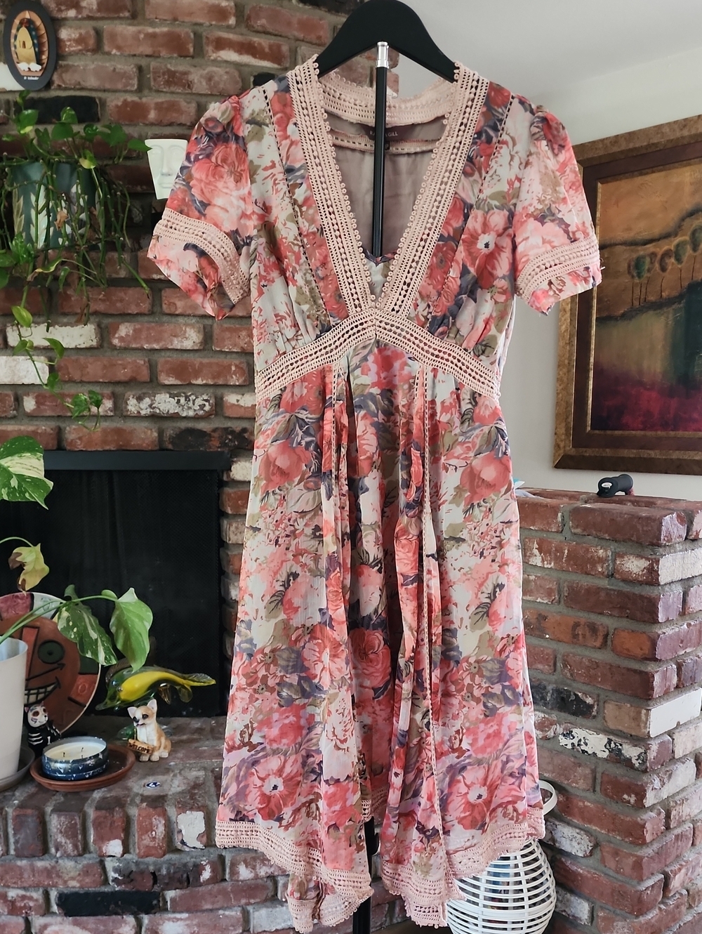 Ranna Gill Floral Lace Trim Midi Dress Pink Boho Romantic Cottagecore